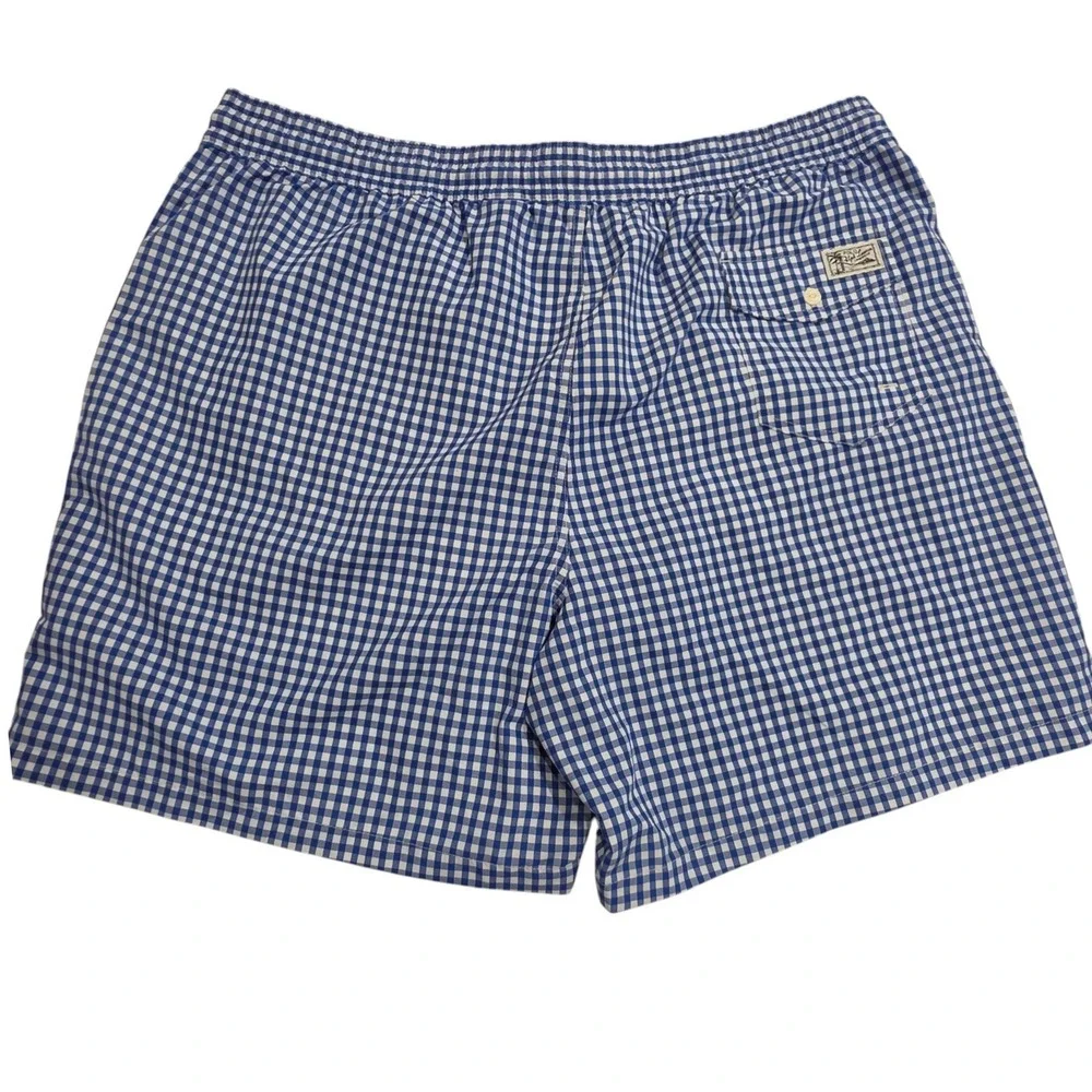 Polo by Ralph Lauren Blue & White Gingham Drawstring Swim Trunks